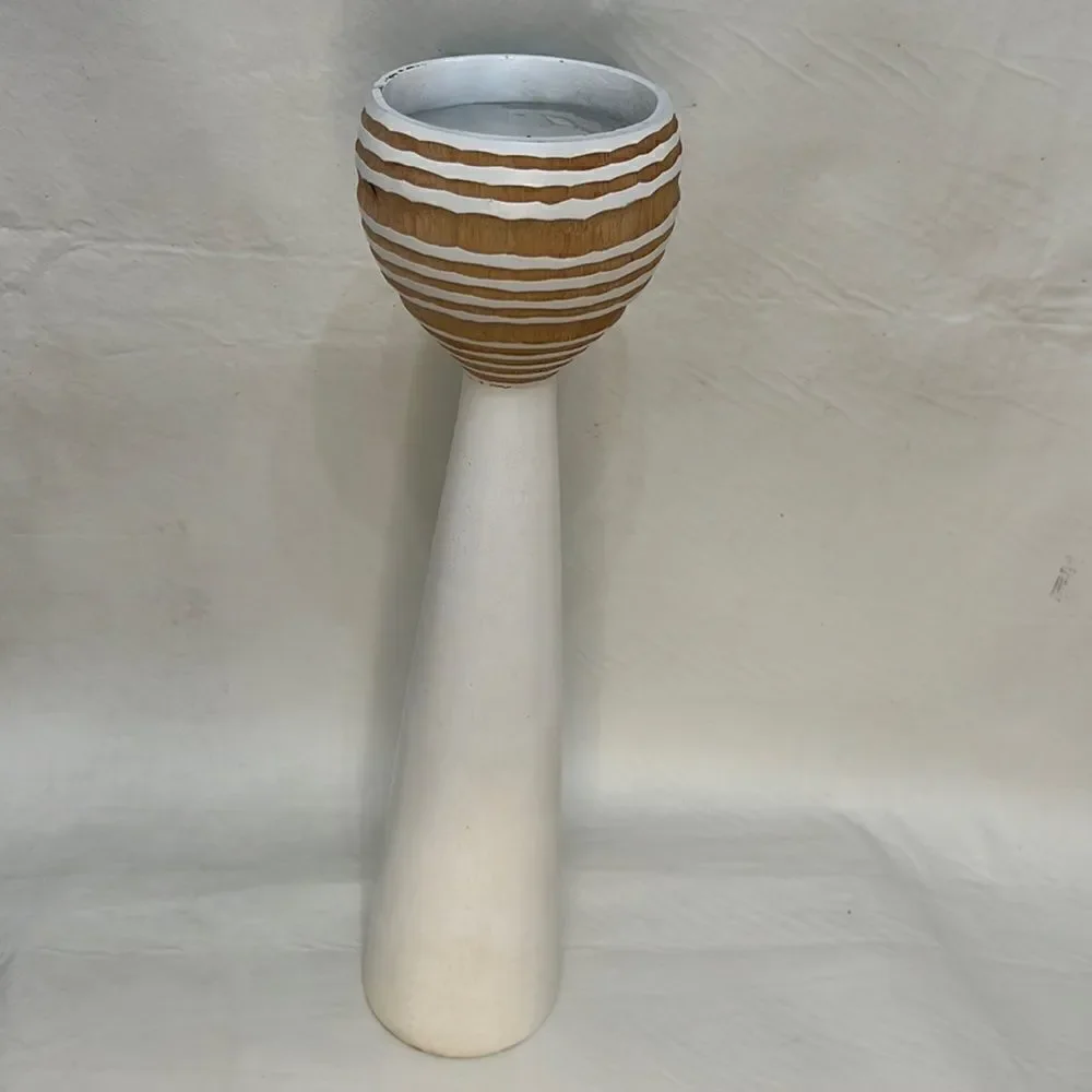 Pillar Candle Holder Handcrafted Wood White Brown 15 In Tall 3 1/2 In Round
